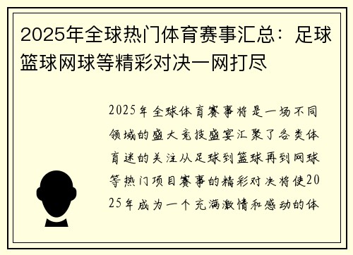 2025年全球热门体育赛事汇总:足球篮球网球等精彩对决一网打尽 2025年全球热门体育赛事汇总:足球篮球网球等精彩对决一网打尽