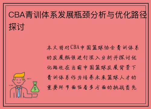 CBA青训体系发展瓶颈分析与优化路径探讨
