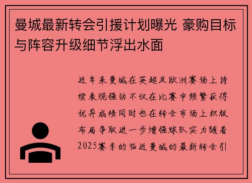 曼城最新转会引援计划曝光 豪购目标与阵容升级细节浮出水面